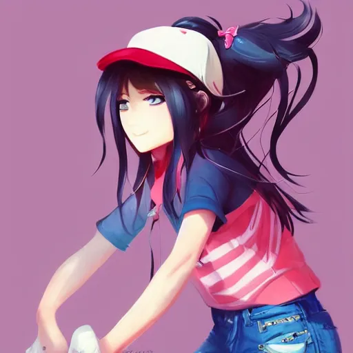 Prompt: young anime girl wearing a baseball hat, ponytail, riding a bike, sunny day, beautiful illustration, art by rossdraws, artgerm, trending on artstation.