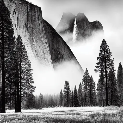 Image similar to black-and-white landscape photograph of Yosemite National, covered in mist, Park by Ansel Adams width 1024