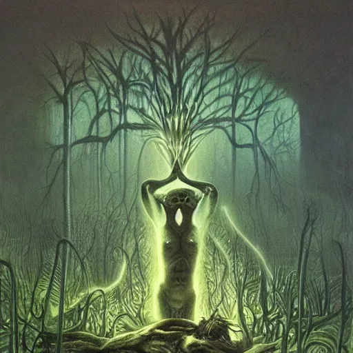 Prompt: a hyperrealistic painting of an alien god performing miracles in the middle of an alien jungle, bioluminescent plants, by john kenn mortensen and zdzislaw beksinski, highly detailed, vivid color,