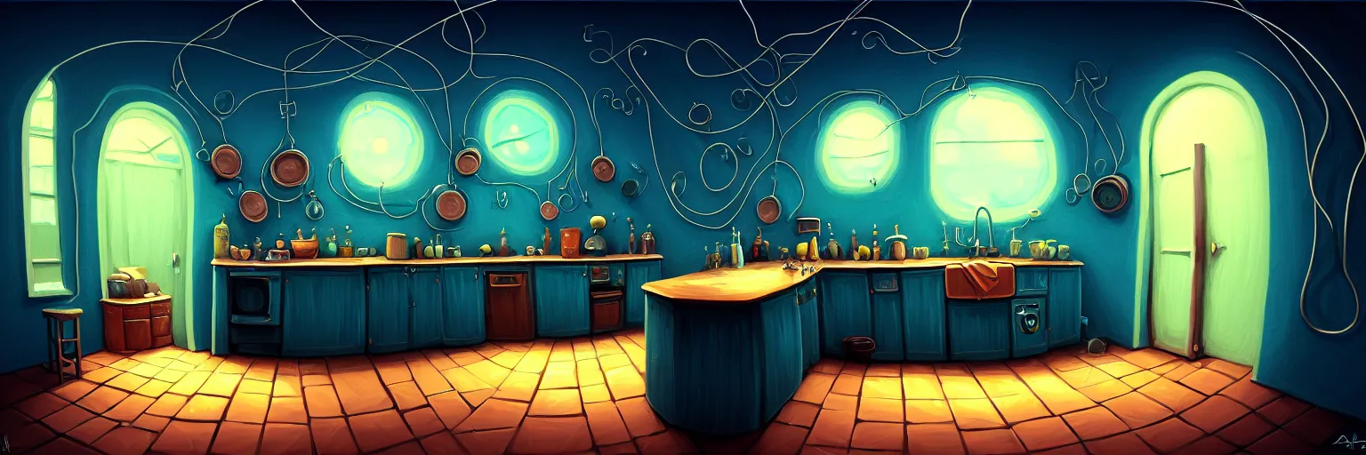 Prompt: dark analogous colors, underground, basement, fisheye spiral, naive, extra narrow, detailed illustration of a kitchen, large floor, dimly lit by rhads from lorax movie, trending artstation, dark blue, vines crawling, tavern