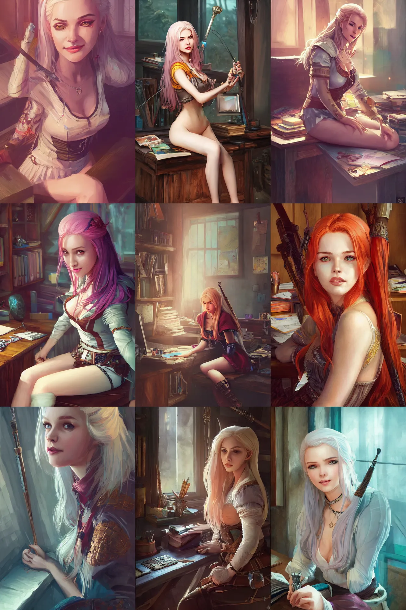 Prompt: a beautiful witcher girl sitting in her office | | cute - fine - subtle smile, colorful hair, face, pretty face, fine details by stanley artgerm lau, wlop, rossdraws, james jean, andrei riabovitchev, marc simonetti, and sakimichan, trending on artstation