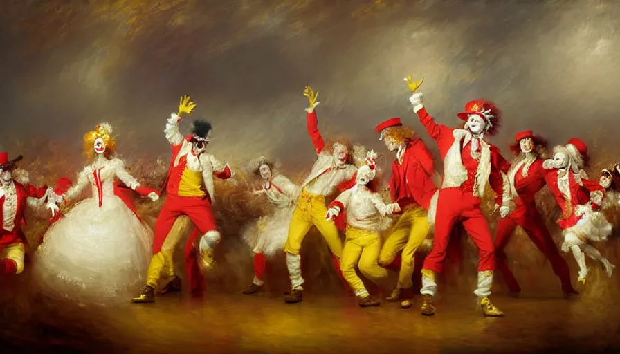 Image similar to highly detailed painting of a group of ronald mcdonalds with red afros, white facepaint, red noses and yellow waltzing gracefully at a prestigious event by william turner, by greg rutkowski, by william constable, thick brush strokes and visible paint layers, 4 k resolution