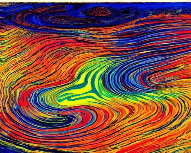 Image similar to Ocean waves in a psychedelic dream world. DMT. Curving rivers. Craggy mountains. Landscape painting by Wayne Thiebaud. David Hockney. Zao Wou-ki. Minimalist.