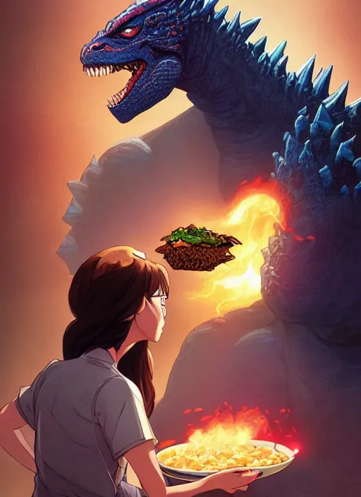 Prompt: beautiful portrait of Godzilla eating a beef and bean burrito from chipotle. character design by charlie bowater, ross tran, artgerm, and makoto shinkai, detailed, inked, western comic book art