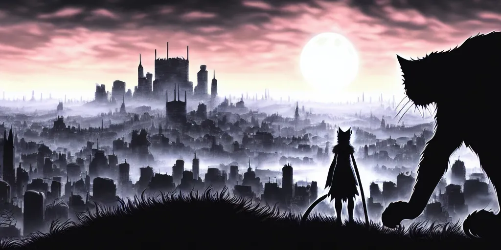 Image similar to Huge cat monster silhouette above a city, in the style of Kentaro Miura, Berserk, landscape, hyperdetailed, ultra quality, 4k, ultra details