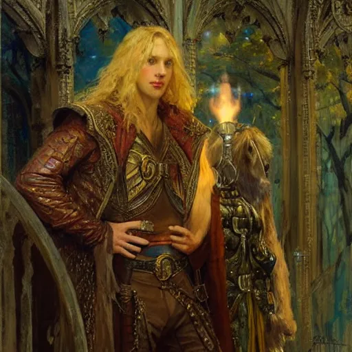 Image similar to stunning arthur pendragon in love with stunning male merlin the mage. they are close to each other. highly detailed painting by gaston bussiere, craig mullins, j. c. leyendecker