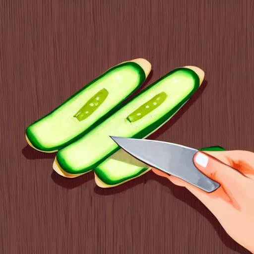 Prompt: knife cutting cucumbers on a wooden cutting board in a country kitchen, concept art, illustrated, highly detailed, high quality, bright colors, optimistic,