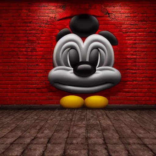 Image similar to big mickey mouse head in abandomed red workshop, creepy atmopshere, realistic, 8 k, detailed, art, lab,