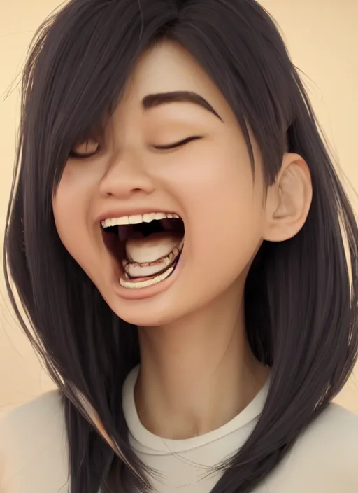 Image similar to a cute asian girl laughing, flowing hair, in the style of pixar animation, full body shot, viewed from bellow, award winning, hyper detailed, studio lighting, artstation, octane renderer, unreal engine