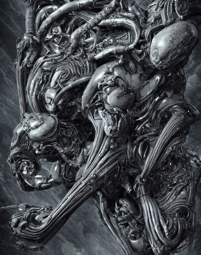 Image similar to engineer prometheus, xenomorph alien, highly detailed, symmetrical long head, smooth marble surfaces, detailed ink illustration, raiden metal gear, cinematic smooth stone, deep aesthetic, concept art, post process, 4k, carved marble texture and silk cloth, latex skin, highly ornate intricate details, prometheus, evil, moody lighting, hr geiger, hayao miyazaki, indsutrial Steampunk