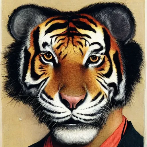 Image similar to man anthropomorphic portrait furry orange ears Mike tyson the champion camouflaged as a tiger wearing a black shirt norman rockwell robert rauschenberg nelson shanks giorgio de chirico