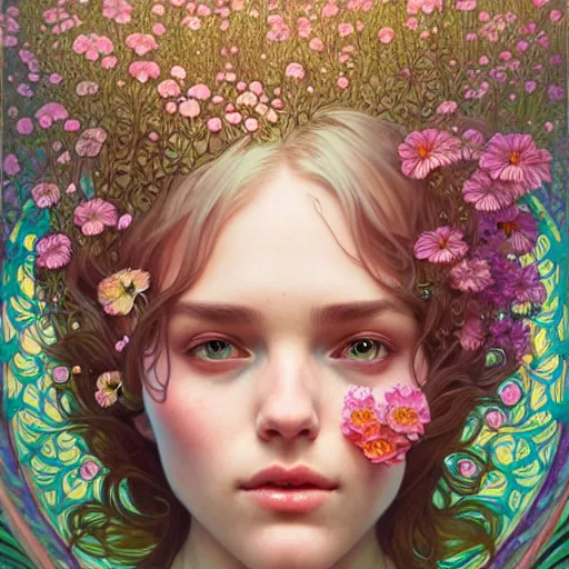 Image similar to Portrait of a girl surrounded by flowers and morphing into mushrooms, face, fantasy, intricate, elegant, highly detailed, digital painting, artstation, concept art, smooth, sharp focus, illustration, art by Fernanda Suarez and Artem Demura and alphonse mucha