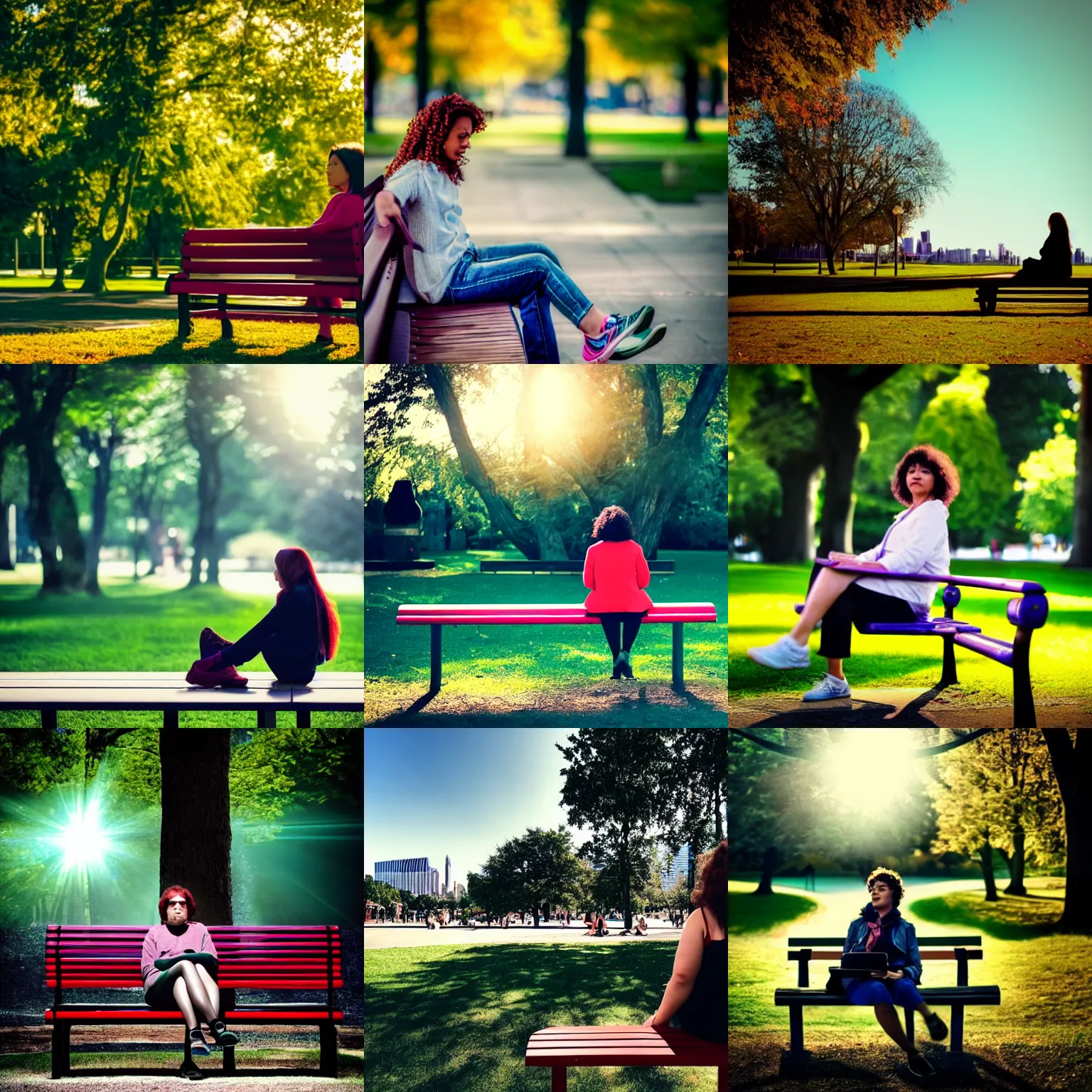 Prompt: a woman sitting on a bench in a park, a character portrait by eva gonzales, pexels contest winner, cubo - futurism, photo taken with provia, shot on 7 0 mm, anamorphic lens flare