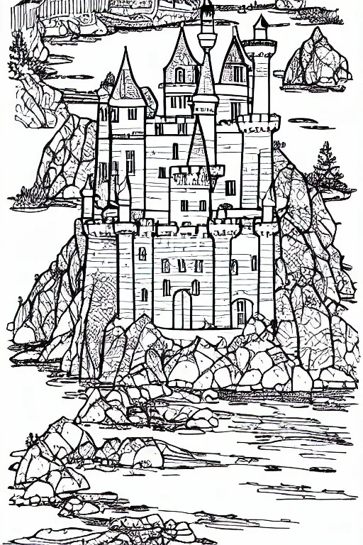 Image similar to an old castle on a seaside cliff coloring book, line art, simple, low detail