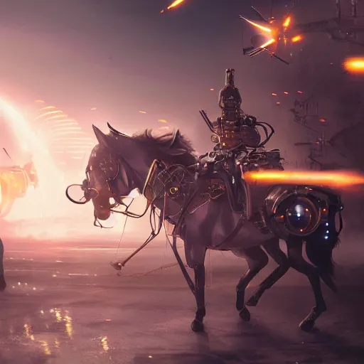 Prompt: The charge of the light brigade with robotic horses, steampunk, dramatic lighting, heavy weapons fire, energy weapons, light fog, by Makoto Shinkai and Ruan Jia