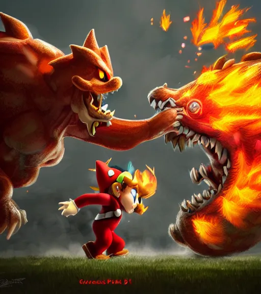 Prompt: an epic fantasy comic book style portrait painting of super mario fighting bowser with fireballs, studio ghibli, unreal 5, daz, hyperrealistic, octane render, cosplay, rpg portrait, dynamic lighting, intricate detail, harvest fall vibrancy, cinematic