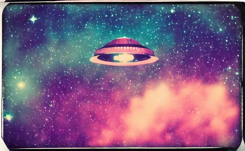 Prompt: analog polaroid of an ufo in a colourful galaxy, multiple stars visible, shiny, sparkly, pink and cyan blue color bleed, gritty