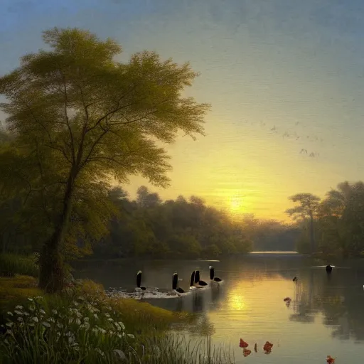 Prompt: a painting of a duck pond at sunset, surrounded by flower bushes, a detailed matte painting by Michael James Smith, deviantart, hudson river school, terragen, trending on artstation