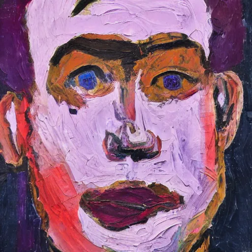 Image similar to an expressionism face portrait of a man used with Impasto, dark blues purples and pinks, detailed