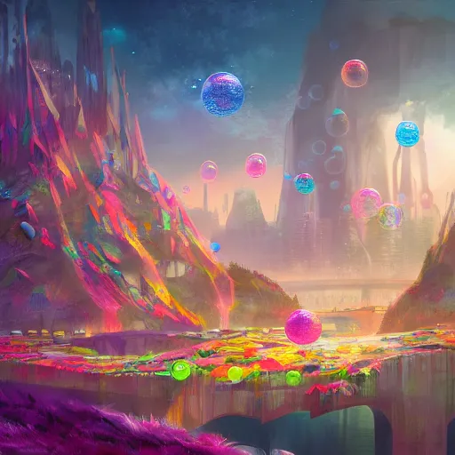 Image similar to a utopian city, filled with extremely colorful fauna, with bubbles floating around everywhere, dynamic lighting, fantasy concept art, trending on art station, stunning visuals, creative, cinematic, ultra detailed