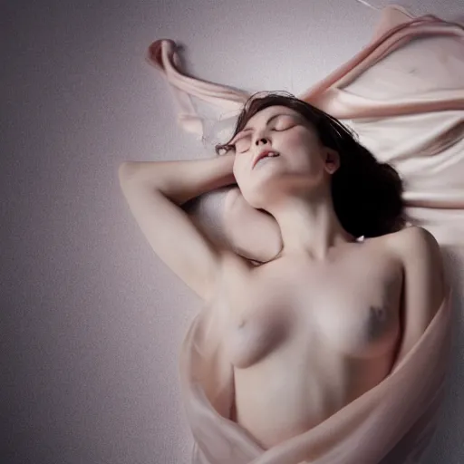Prompt: a beautiful pale woman floating in the air, glowing skin, silk cloth over her and floating around
