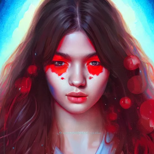 Image similar to colorful and festive captivating teenager with straight brown hair covering his eye, dark skin, big lips, big eyes, wearing a red t - shirt. rich vivid colors, ambient lighting, dynamic lighting, 4 k, atmospheric lighting, painted, intricate, highly detailed by charlie bowater