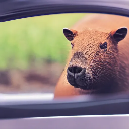 Prompt: photo of a capybara driving a car, DSLR 35mm, photography