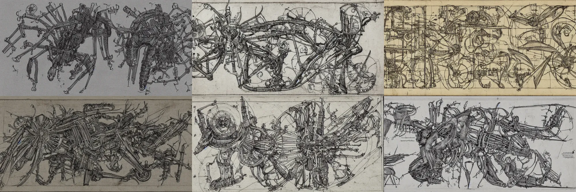 Prompt: insectoid mechanism with complex mechanical parts, drawing blueprint made by Albrecht Dürer