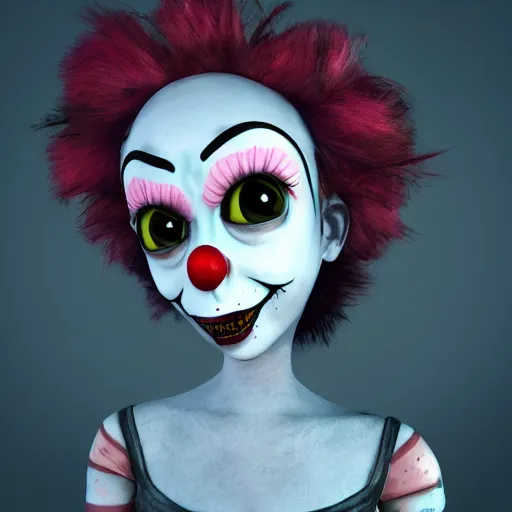 Image similar to clown girl in the style of Tim Burton, octane, unreal engine