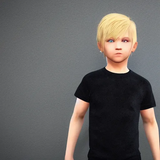 Image similar to a detailed full body image of boy with blonde hair and blue eyes wearing a black tshirt, unreal engine 5 rendered, incredibly highly detailed and realistic, 8 k, sharp focus, studio quality