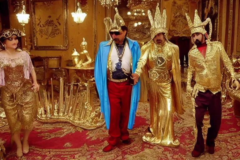 Prompt: el chapo is a genie standing in the middle of a grandiose mexican mansion. everything is made out of gold. the mansion is incredible and ornate. chapo has a clockwork chain. there are princesses and queens everywhere around him because they love him. wearing a genie costume. lovely scene of a genie being a pimp