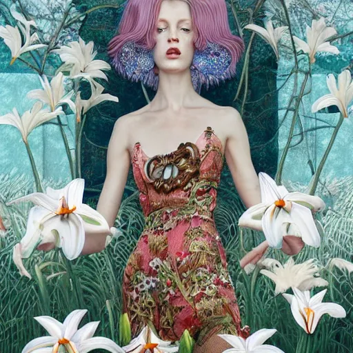 Prompt: pretty model with white lilies : : by martine johanna and simon stalenhag and chie yoshii and casey weldon and wlop : : ornate, dynamic, particulate, rich colors, intricate, elegant, highly detailed, vogue, wolf, harper's bazaar art, fashion magazine, smooth, sharp focus, 8 k, octane render