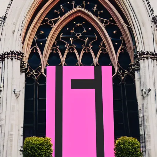 Image similar to A pink neon sign with rounded lowercase letters spelling ODOO above the front door of a cathedral