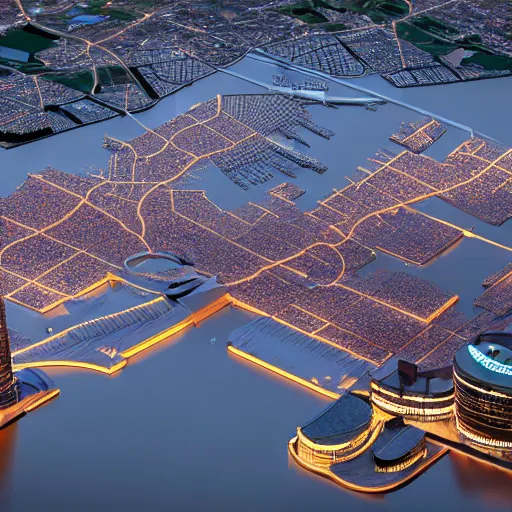 Image similar to hyper detailed 3 d render of baltimore's inner harbor, global illuminaton