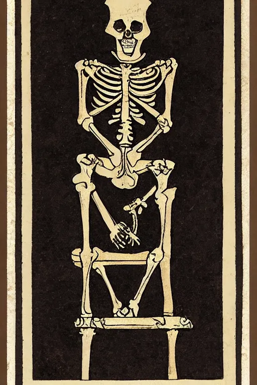 Prompt: tarot card of a king’s skeleton sitting on a decaying ancient throne, ornate frame, detailed