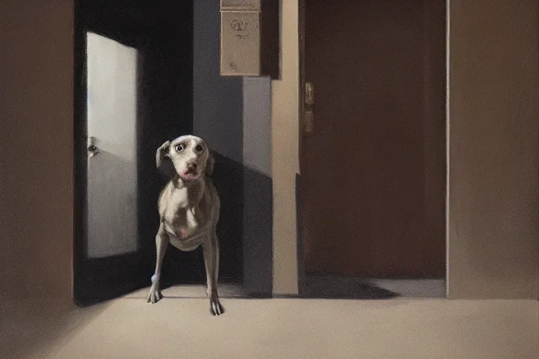 Image similar to unsettling unnatural dog behaving strangely standing in a dark doorway, dragan bibin, phil hale, ( goya )