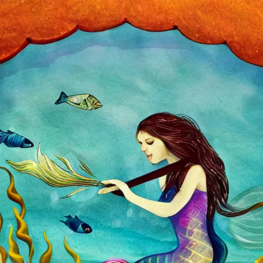 Prompt: a beautiful long - haired mermaid playing the violin in the wide ocean among fish