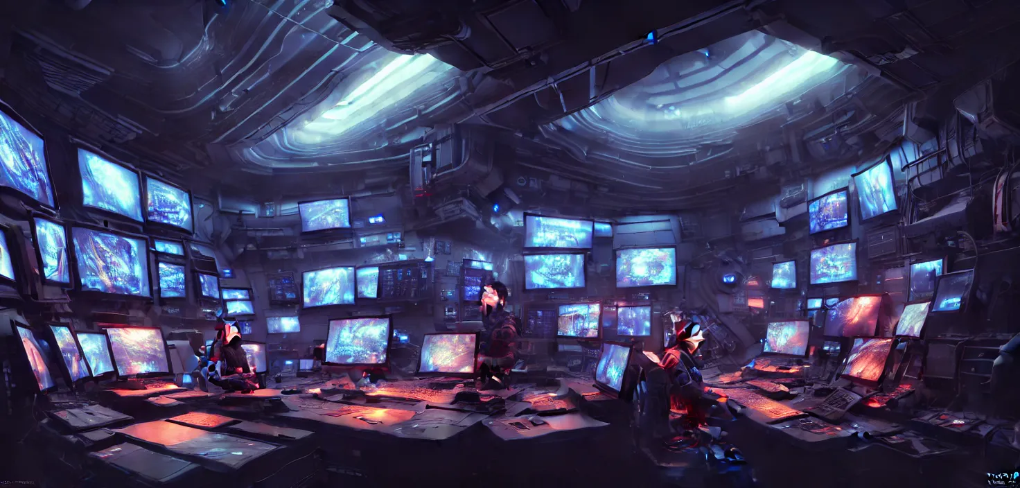 Image similar to a hyper detailed octane render concept art by xision wu, kerem beyit, sandara tang portrait of cyberpunk panel control spaceship room, dim lighting, detailed portraits, unreal engine 5, highly rendered, digital painting, hyper realistic, photo realistic, artstation, concept art, smooth, sharp focus perfect horizontal, symmetry illustration, detailed and intricate environment artstation hq