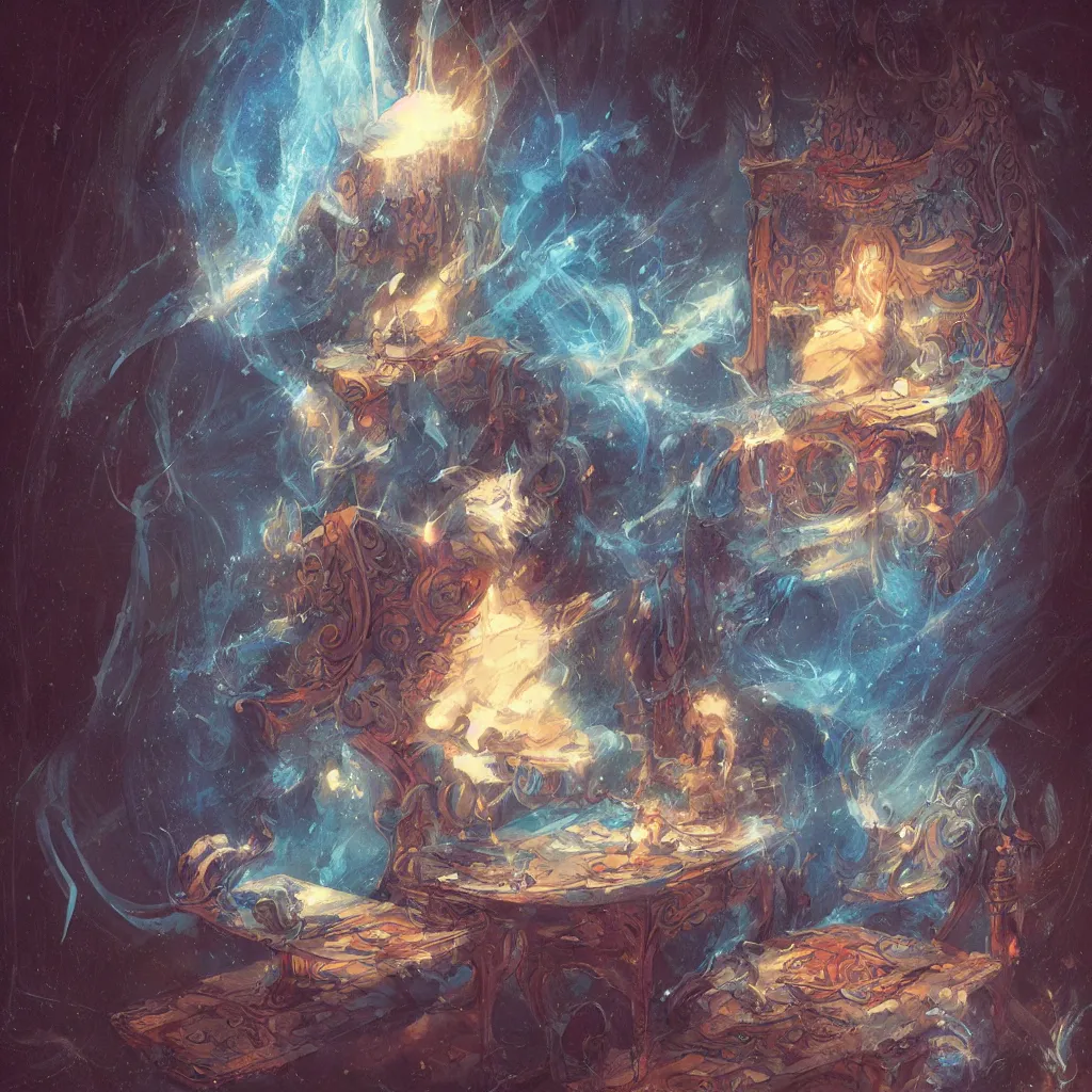 Image similar to anime cat with cloak laying on a magical wood carved chair, super powers, glowing tiny blue lines, concept art, by greg rutkowski, overdetailed art