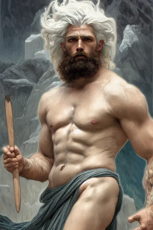 Image similar to painted portrait of rugged zeus, god of thunder, greek god, white hair, masculine, mature, handsome, upper body, flowy robe, muscular, hairy torso, fantasy, intricate, elegant, highly detailed, digital painting, artstation, concept art, smooth, sharp focus, illustration, art by gaston bussiere and alphonse mucha