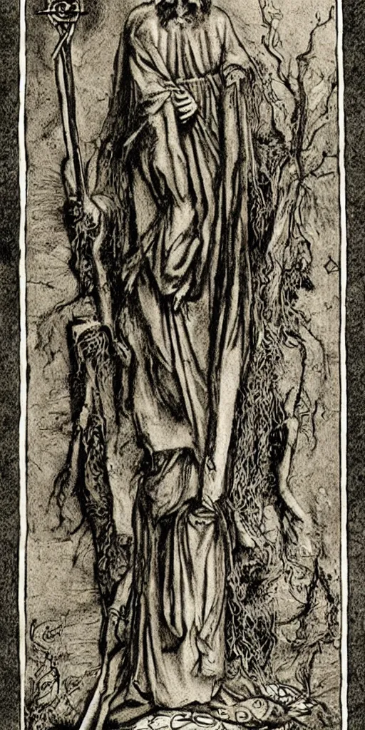 Image similar to the hermit tarot card by austin osman spare