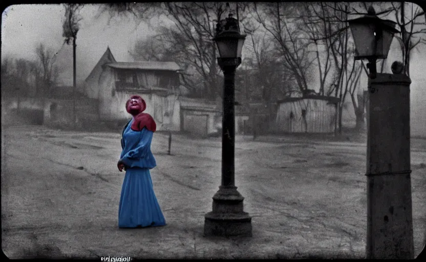 Prompt: a thin scary woman clown with scary face in torn clothes stands under a lamppost that shines a blue light on the clown, pitch darkness around the post, everything happens at night in an old Soviet village, the photo was taken from afar, Colourful, Cinematic, filmic, 35mm, dark atmosphere, horror, scary, Wildlife photography, Polaroid, bad quality, very very terrible