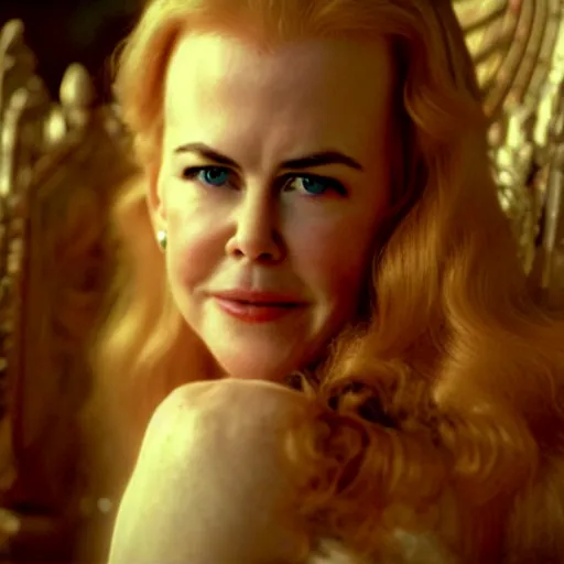 Prompt: cinematic scene with a twenty year old nicole kidman on a majestic throne as the goddess of war, dramatic, small details, volumetric lighting, still frame