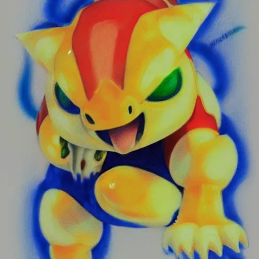 Image similar to “a Ken Sugimori airbrush painting of Agumon”