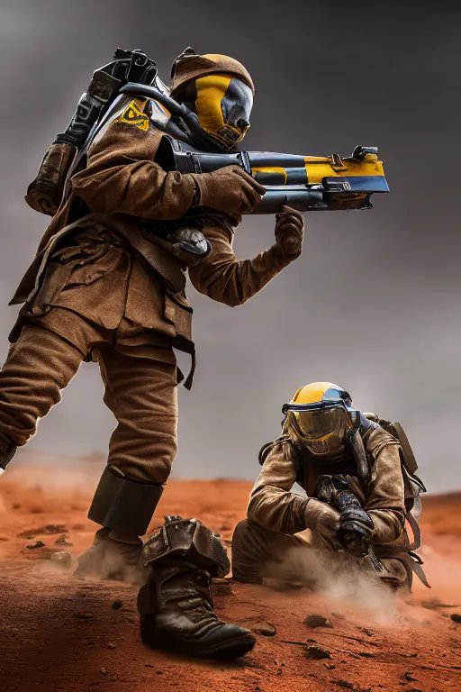 Prompt: ukranian infantry is fighting on mars, ukranian flag, dslr, 5 0 mm, f / 2. 8, studio lighting