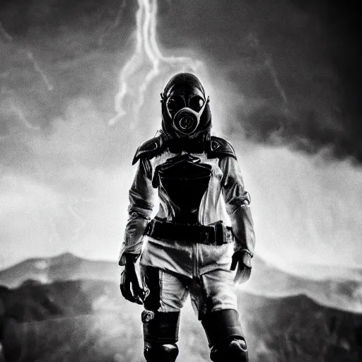Image similar to agent woman with white suit, she wear gasmask, in mordor, standing close to Sauron's eye, fire raining, professional photography, black and white, cinematic, eerie