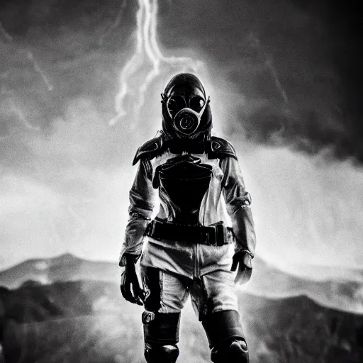 Prompt: agent woman with white suit, she wear gasmask, in mordor, standing close to Sauron's eye, fire raining, professional photography, black and white, cinematic, eerie