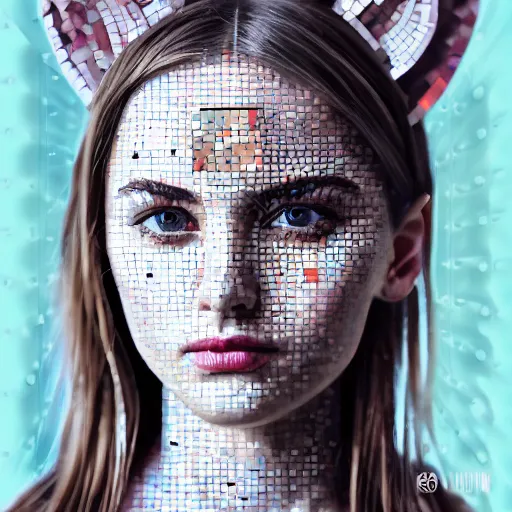 Image similar to portrait mosaic of a beautiful cute girl with robot ears and eyes, 4k, intricate details, digital, Emma Biggs