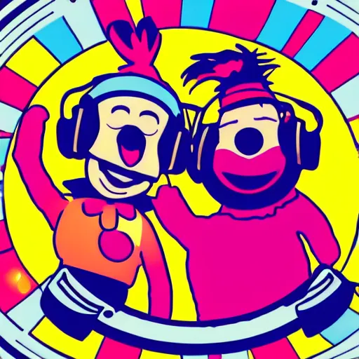 Image similar to svg sticker of a Pop-Wonder Bert&Ernie, Sesame-Street, at a rave, spinning records, giant headphones rocking out, wearing headphones, huge speakers, dancing, rave, DJ, spinning records, digital art, amazing composition, rule-of-thirds, award-winning, trending on artstation, featured on deviantart