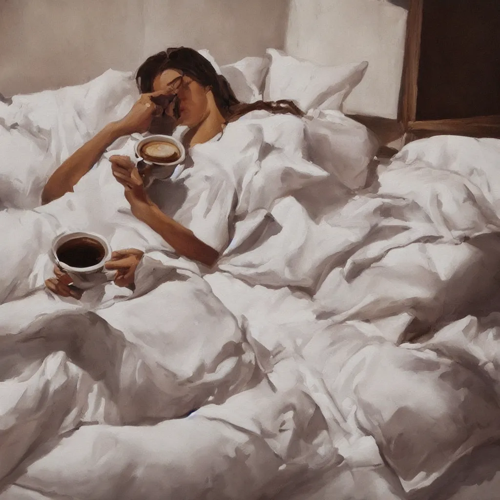 Image similar to a beautiful painting of a beautiful far woman drinking coffee in a bed with white sheets drinking coffee